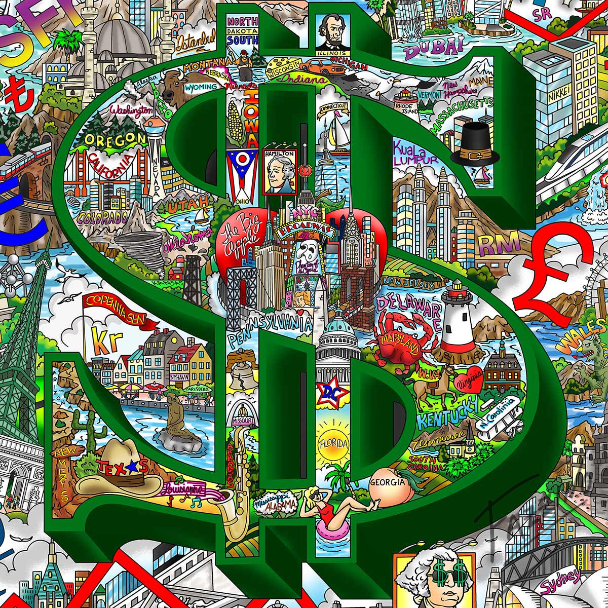 Charles Fazzino "Your Money Makes the World Go Round" 3D Limited Edition Mixed-Media on Paper