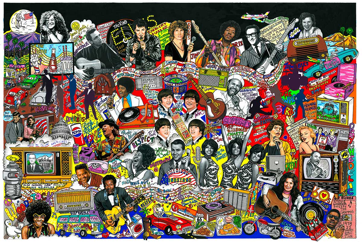 Charles Fazzino "Rockin’ Through the 1960’s" 3D Limited Edition Silkscreen on Paper with mixed-media elements